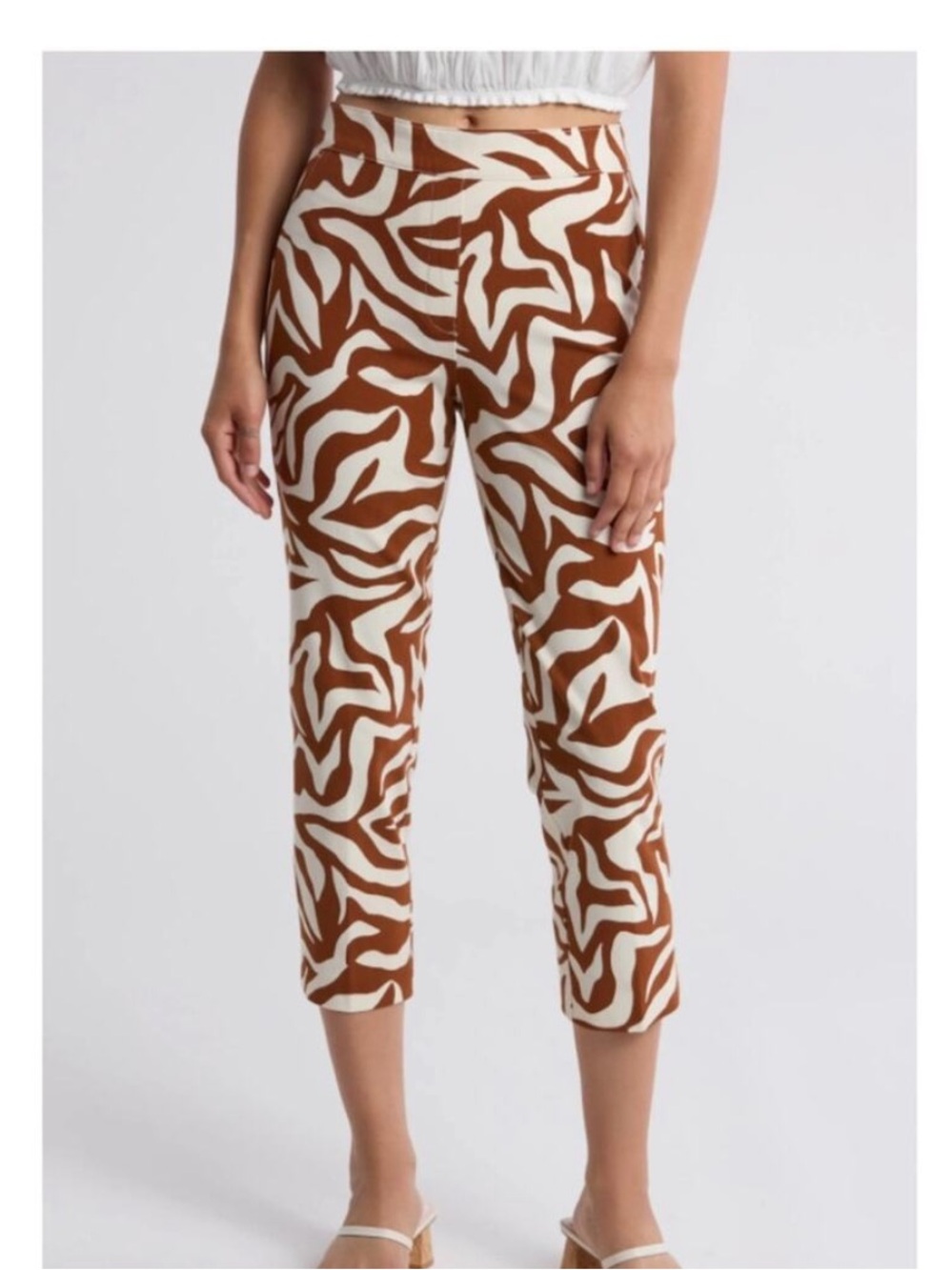 SPANX Brown & White Abstract High-Rise Cropped Pants